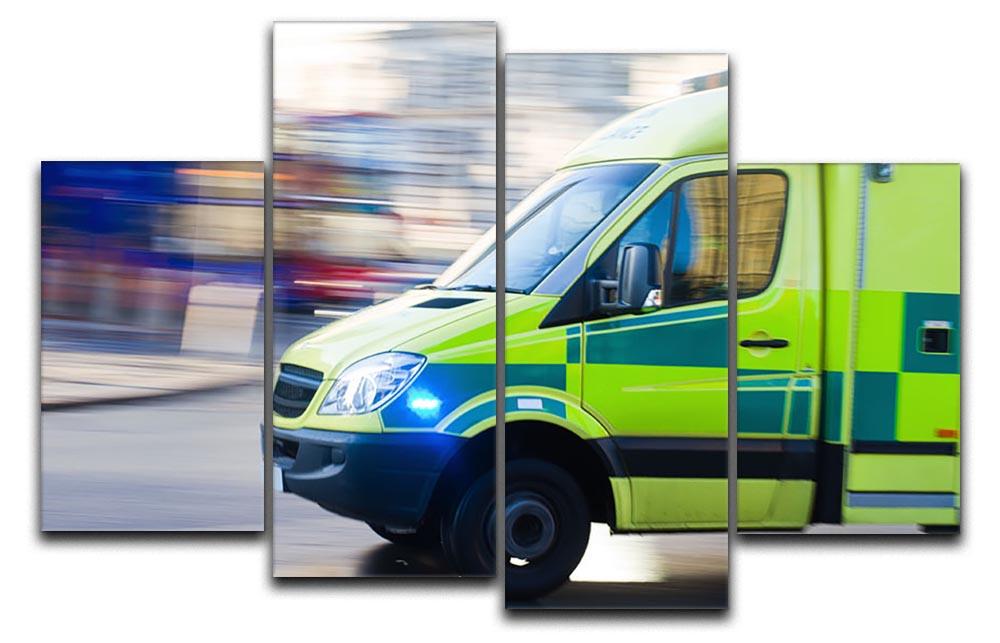 A dynamic 4-split canvas artwork featuring a British ambulance in motion blur, showcasing vibrant colors and a sense of urgency.