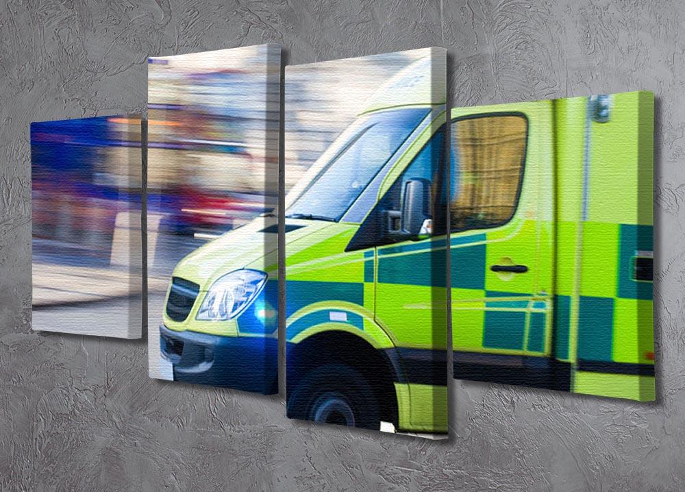 A dynamic 4-split canvas artwork featuring a British ambulance in motion blur, showcasing vibrant colors and a sense of urgency.