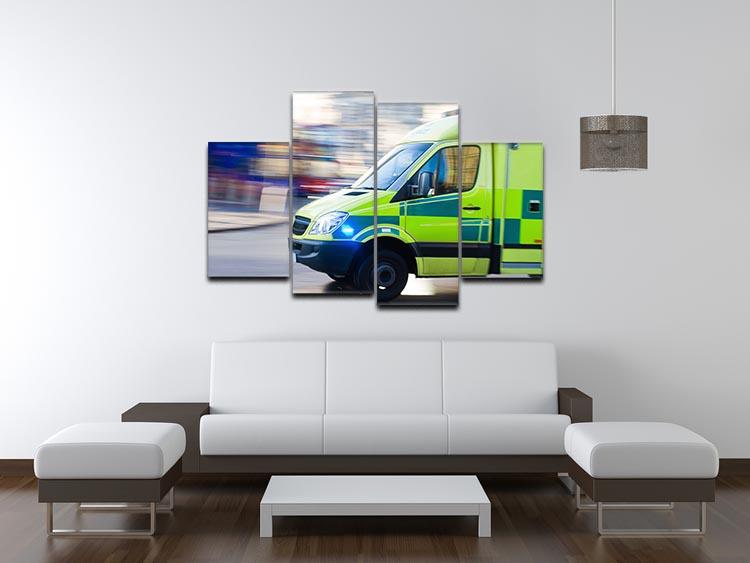 A dynamic 4-split canvas artwork featuring a British ambulance in motion blur, showcasing vibrant colors and a sense of urgency.