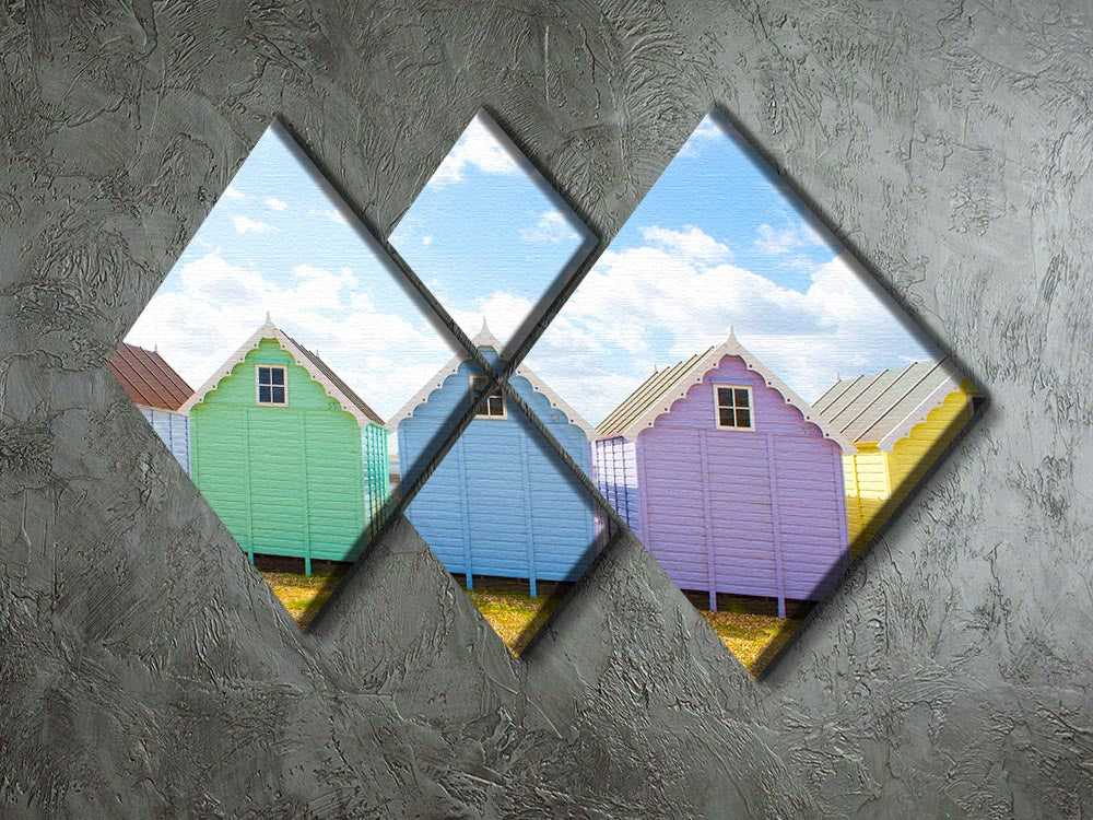 A vibrant multi-panel canvas artwork featuring British beach huts under a bright sunny sky, showcasing four equal square sections.