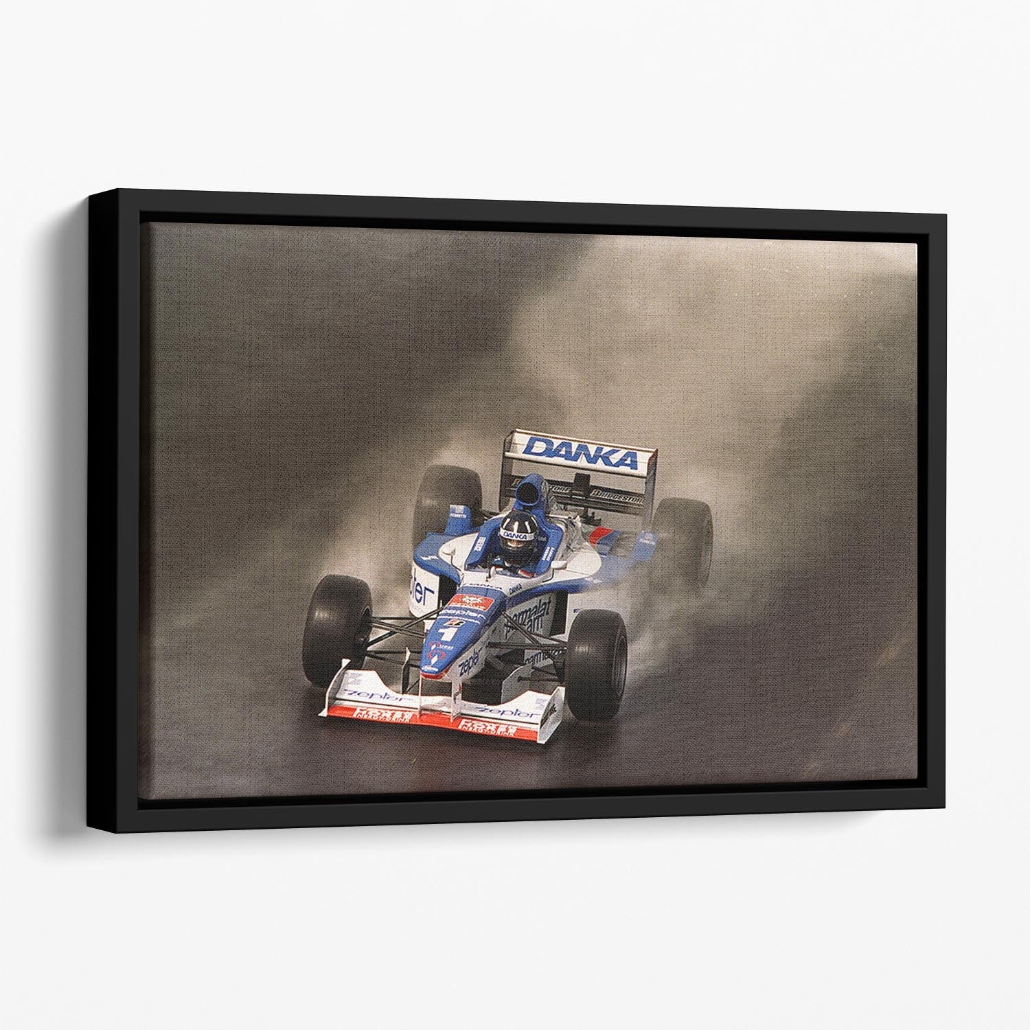 British Grand Prix at Silverstone 1997 Floating Framed Canvas showcasing vibrant colors and dynamic racing design.