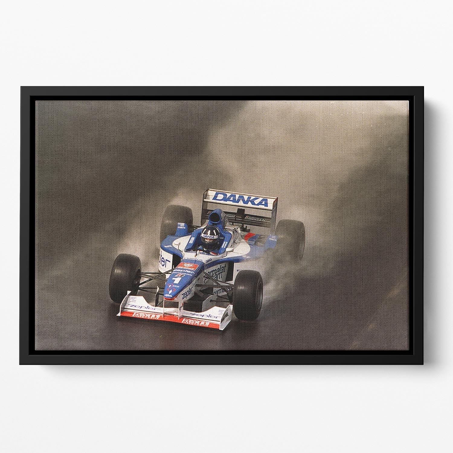 British Grand Prix at Silverstone 1997 Floating Framed Canvas showcasing vibrant colors and dynamic racing design.