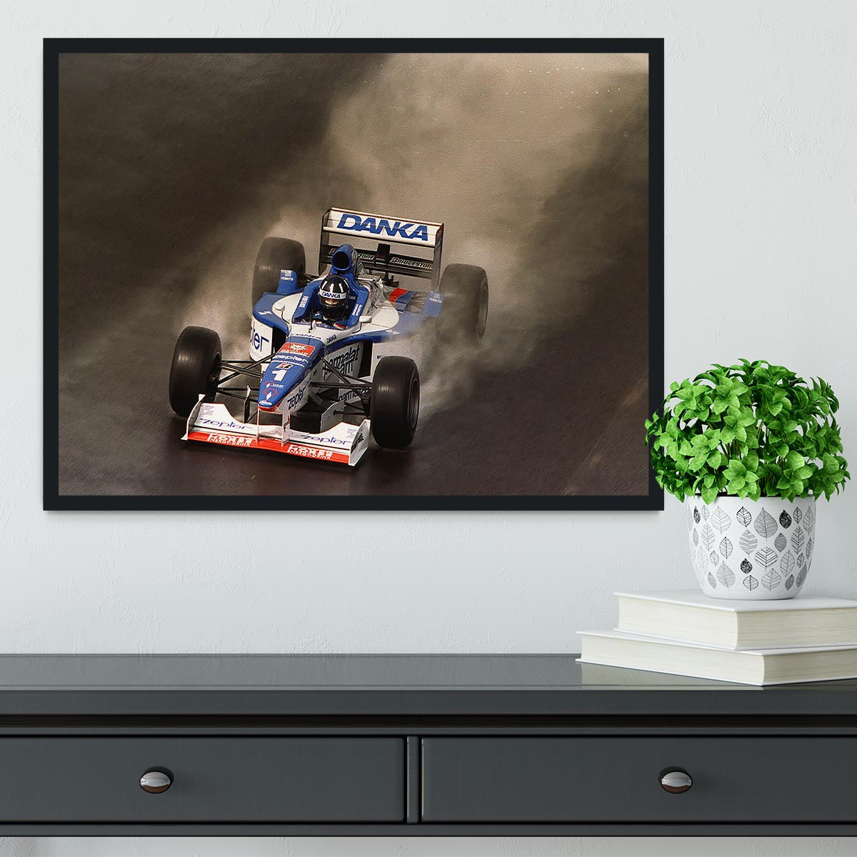 Framed print of the British Grand Prix at Silverstone 1997, showcasing vibrant colors and high-quality craftsmanship.