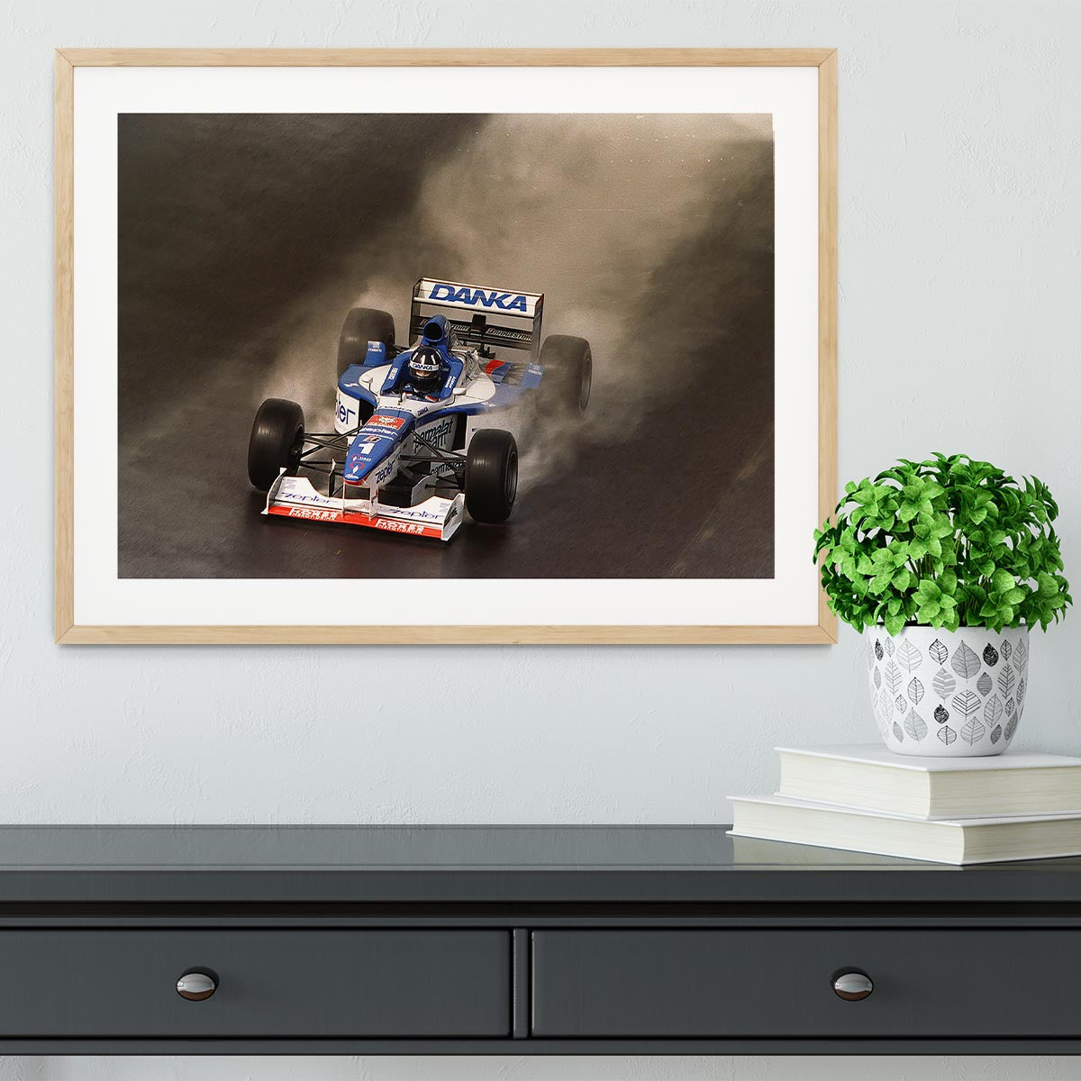 Framed print of the British Grand Prix at Silverstone 1997, showcasing vibrant colors and high-quality craftsmanship.