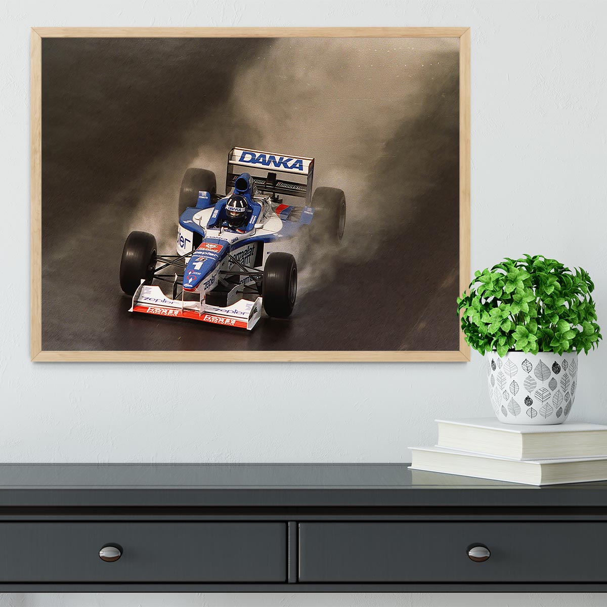 Framed print of the British Grand Prix at Silverstone 1997, showcasing vibrant colors and high-quality craftsmanship.