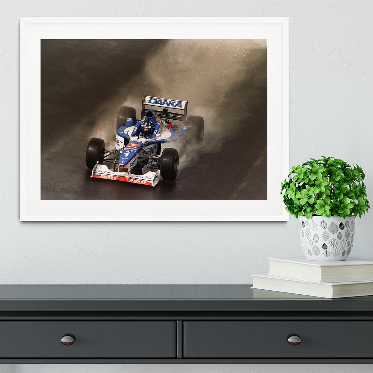 Framed print of the British Grand Prix at Silverstone 1997, showcasing vibrant colors and high-quality craftsmanship.