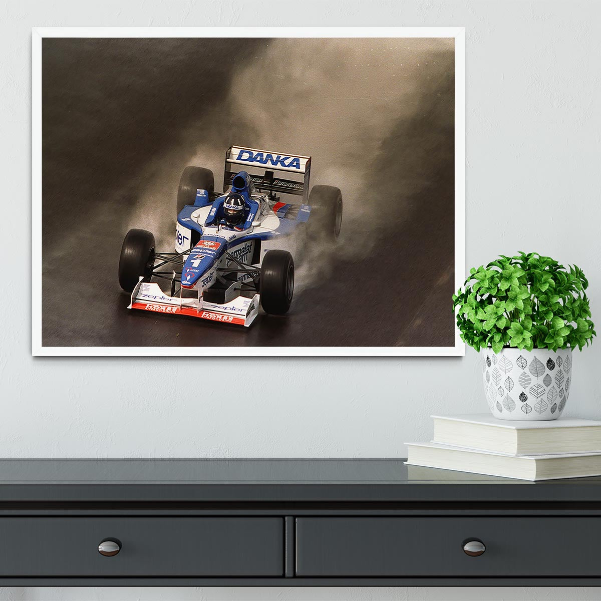 Framed print of the British Grand Prix at Silverstone 1997, showcasing vibrant colors and high-quality craftsmanship.