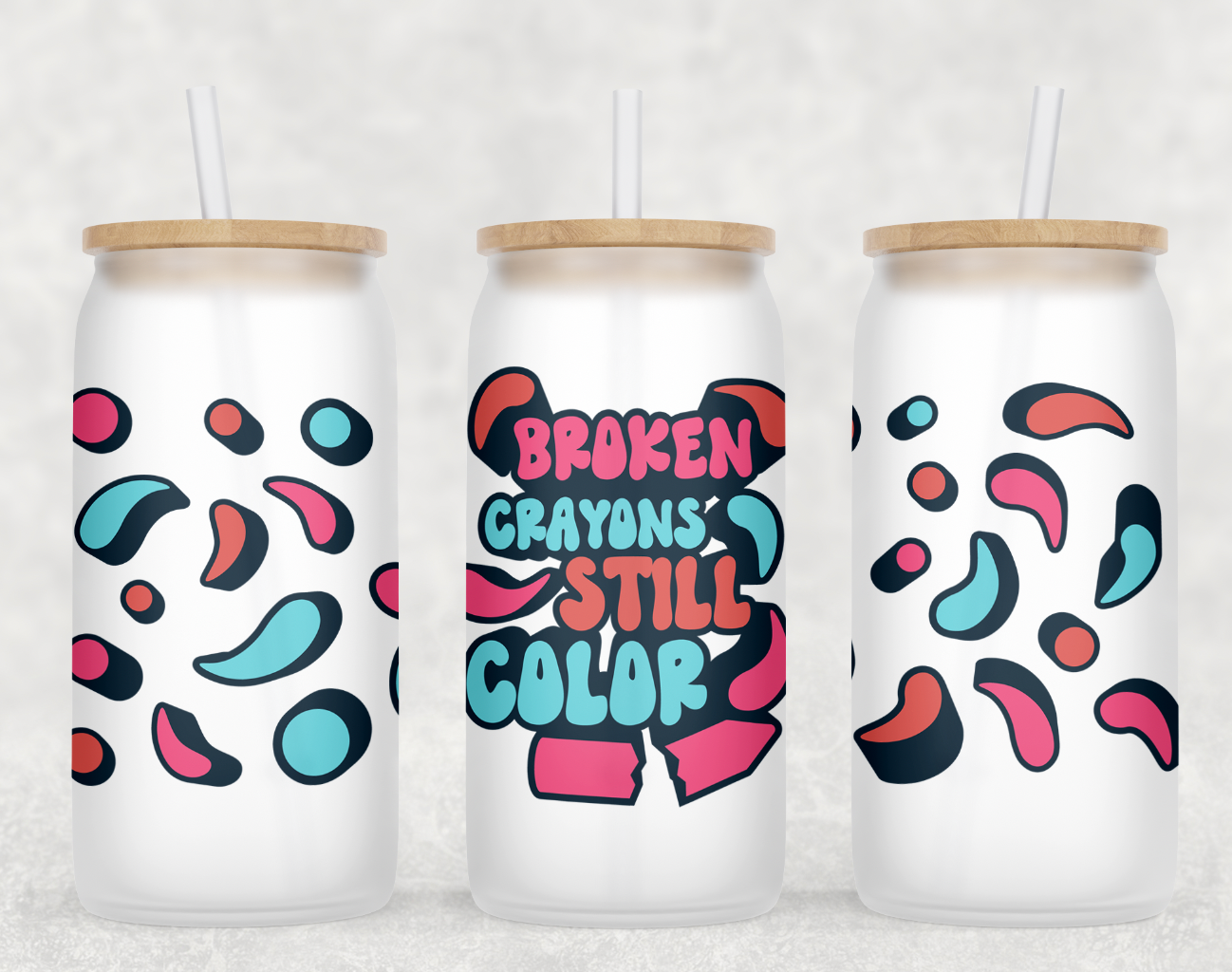 Broken Crayons Glass Can Tumbler with bamboo lid and clear straw, showcasing a frosted glass finish.