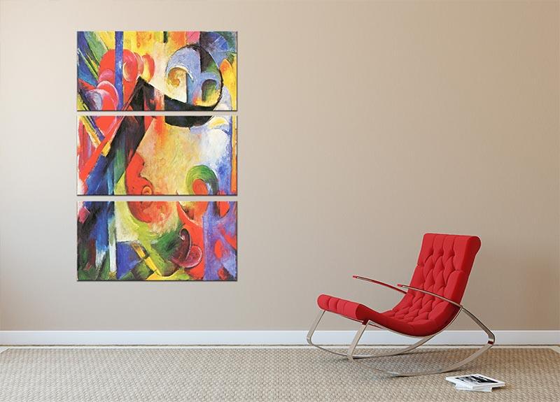 Three-panel canvas print featuring Broken Forms by Franz Marc, showcasing vibrant colors and abstract shapes.