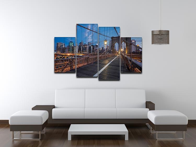 A beautiful 4 split panel canvas artwork depicting the Brooklyn Bridge at sunrise, showcasing vibrant colors and stunning details.