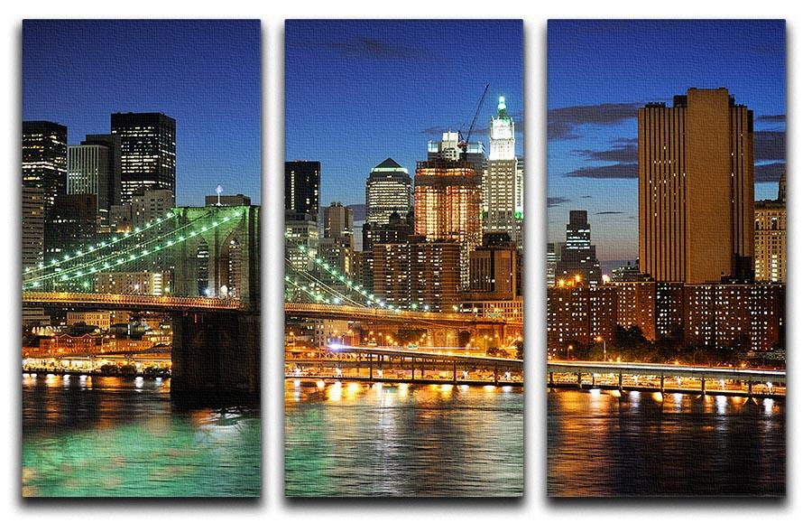 A stunning 3-panel canvas print of the Brooklyn Bridge at night, showcasing vibrant lights and a captivating skyline.
