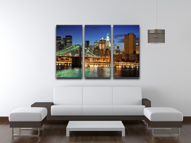 A stunning 3-panel canvas print of the Brooklyn Bridge at night, showcasing vibrant lights and a captivating skyline.