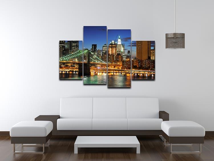 A beautiful 4-split canvas artwork featuring the Brooklyn Bridge illuminated at night, showcasing vibrant colors and intricate details.