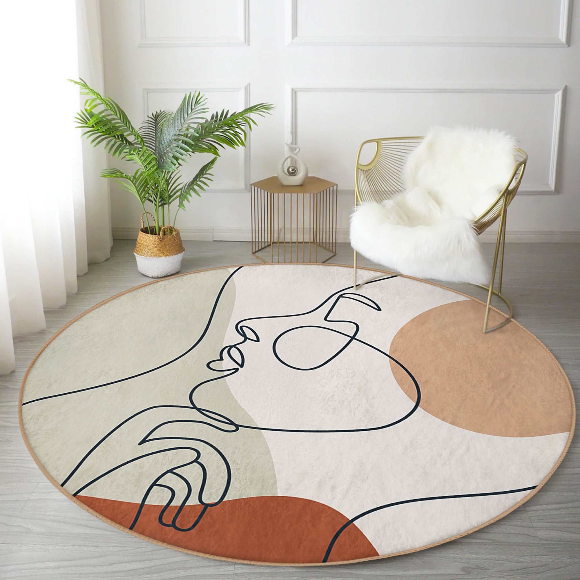 Brown Color Tones Minimalist Face Draw Washable Round Rug featuring soft velvet fabric and a subtle design, perfect for home decor.