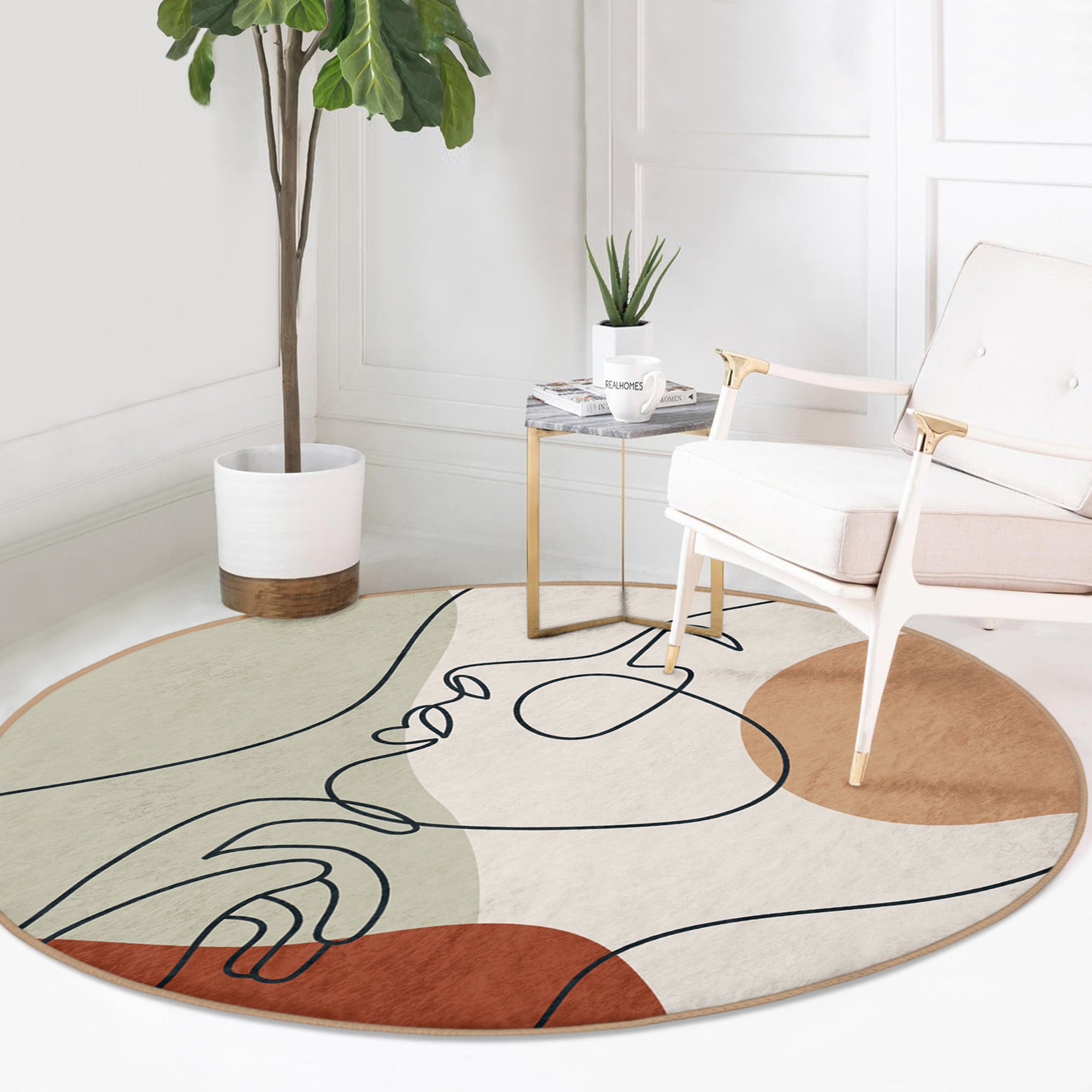 Brown Color Tones Minimalist Face Draw Washable Round Rug featuring soft velvet fabric and a subtle design, perfect for home decor.