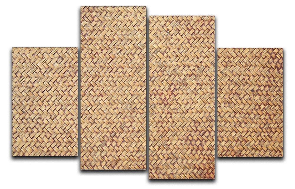Brown rattan weave 4 split panel canvas artwork displayed on a wall, showcasing its unique design and texture.