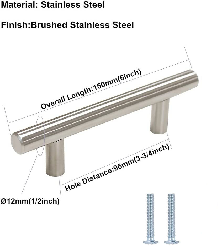 Brushed stainless steel cabinet drawer handle pulls, 96MM, showcasing a sleek and modern design suitable for various kitchen styles.