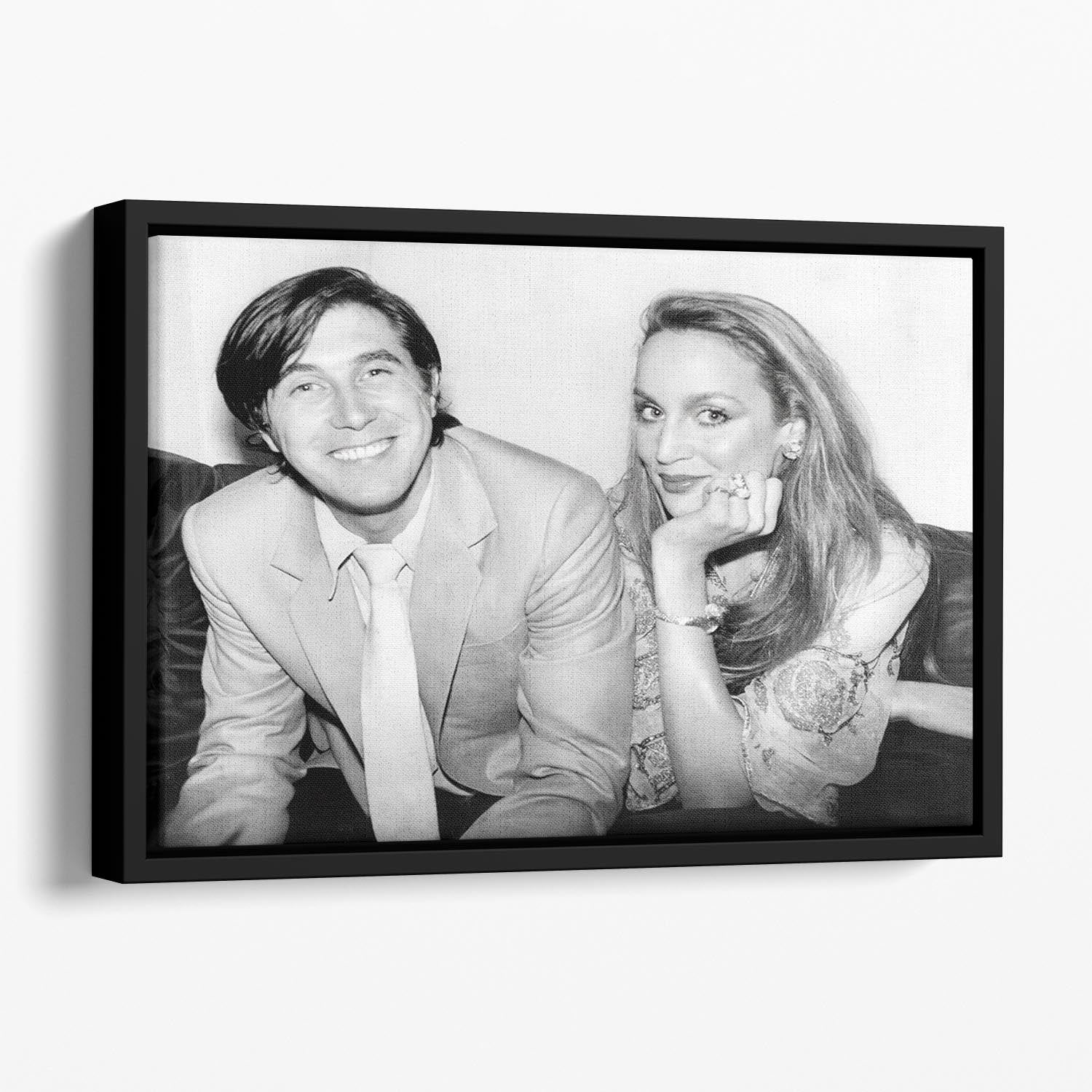 Bryan Ferry and Jerry Hall Floating Framed Canvas featuring vibrant abstract art in an elegant wooden frame.