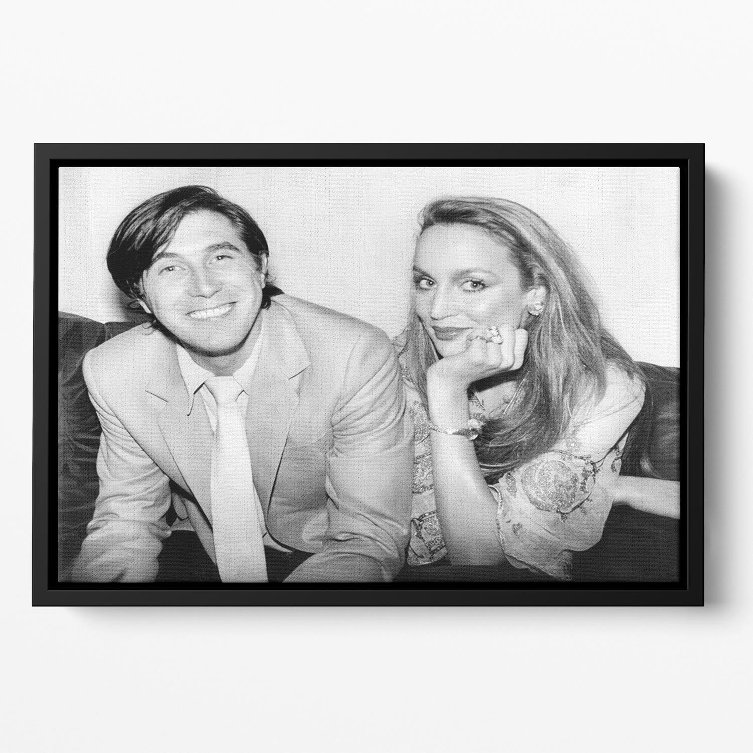 Bryan Ferry and Jerry Hall Floating Framed Canvas featuring vibrant abstract art in an elegant wooden frame.