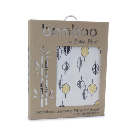 Bubba Blue Night Sky Bamboo Jersey Bassinet Fitted Sheet featuring a navy blue background with white and amber yellow leaf prints.