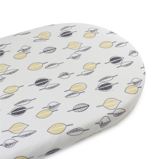 Bubba Blue Night Sky Bamboo Jersey Bassinet Fitted Sheet featuring a navy blue background with white and amber yellow leaf prints.