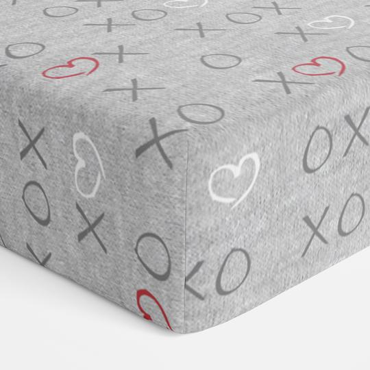 Bubba Blue Silver Mist Bamboo Jersey Cot Fitted Sheet in grey marle with white and red highlights, showcasing its soft texture and stylish design.