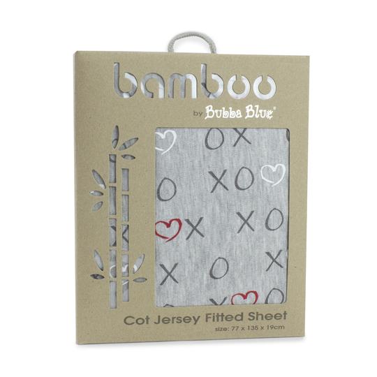 Bubba Blue Silver Mist Bamboo Jersey Cot Fitted Sheet in grey marle with white and red highlights, showcasing its soft texture and stylish design.