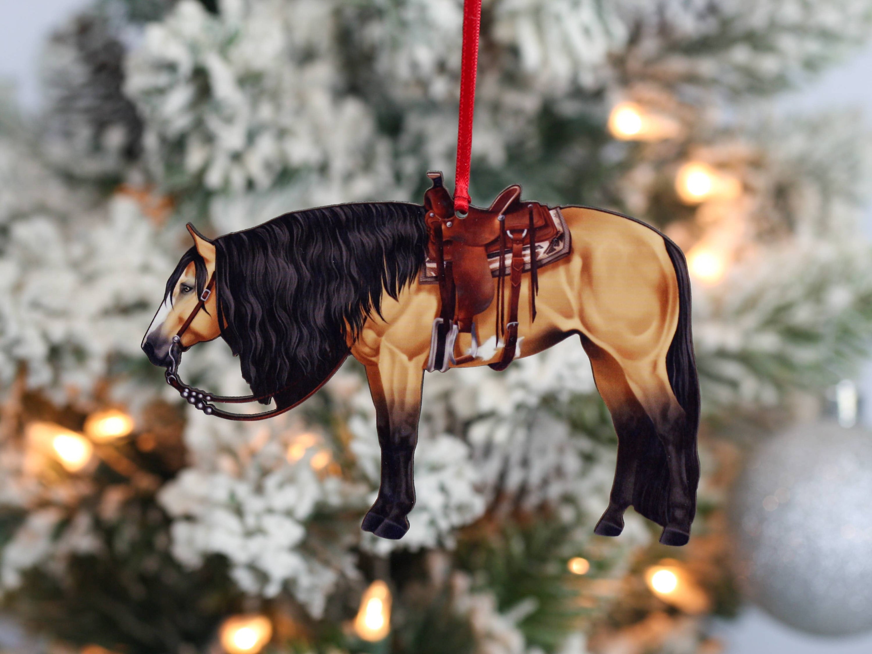 Buckskin Western Horse Ornament showcasing a side profile of a ranch Paint horse, made from composite wood with a glossy finish.