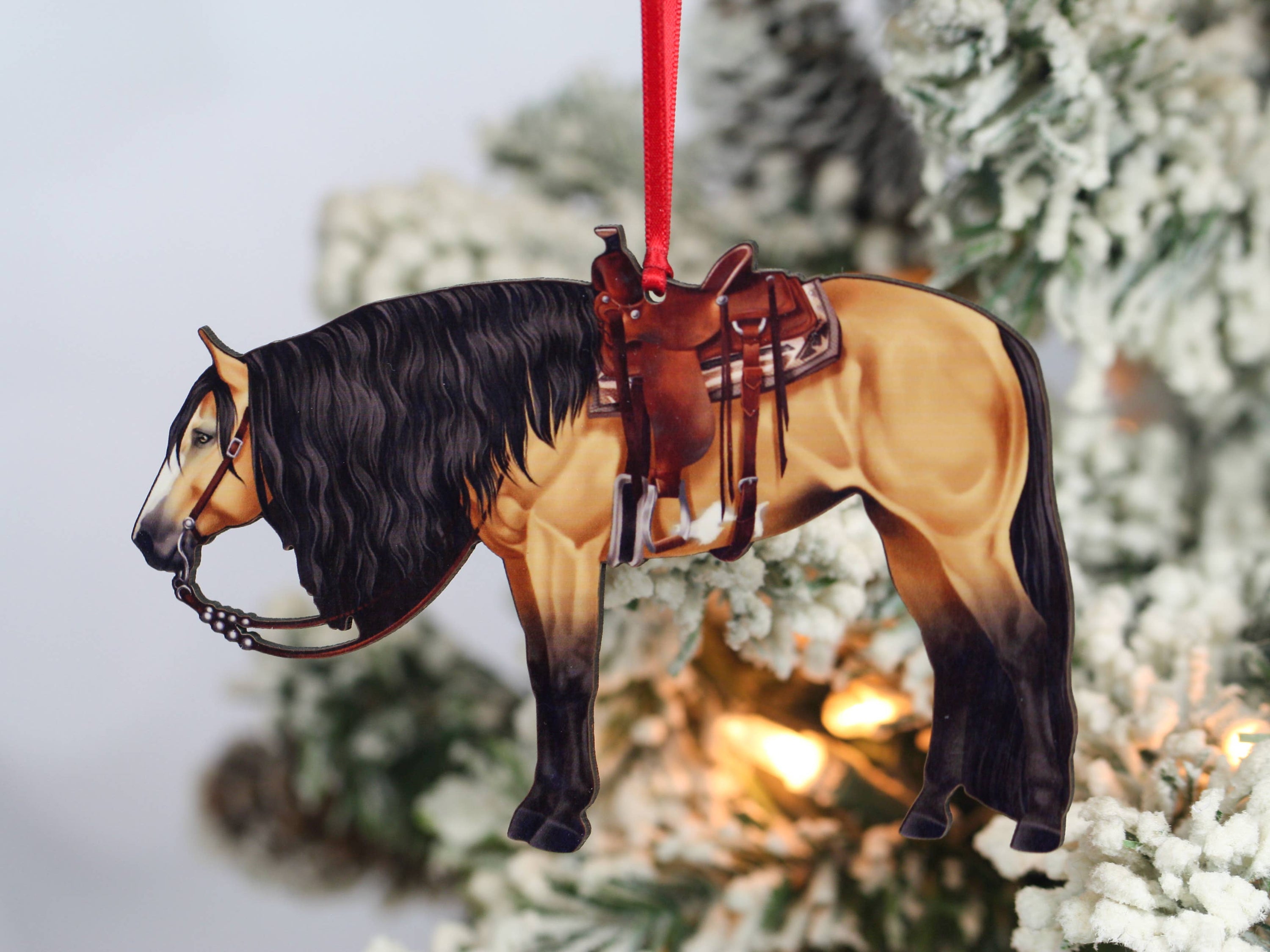 Buckskin Western Horse Ornament showcasing a side profile of a ranch Paint horse, made from composite wood with a glossy finish.