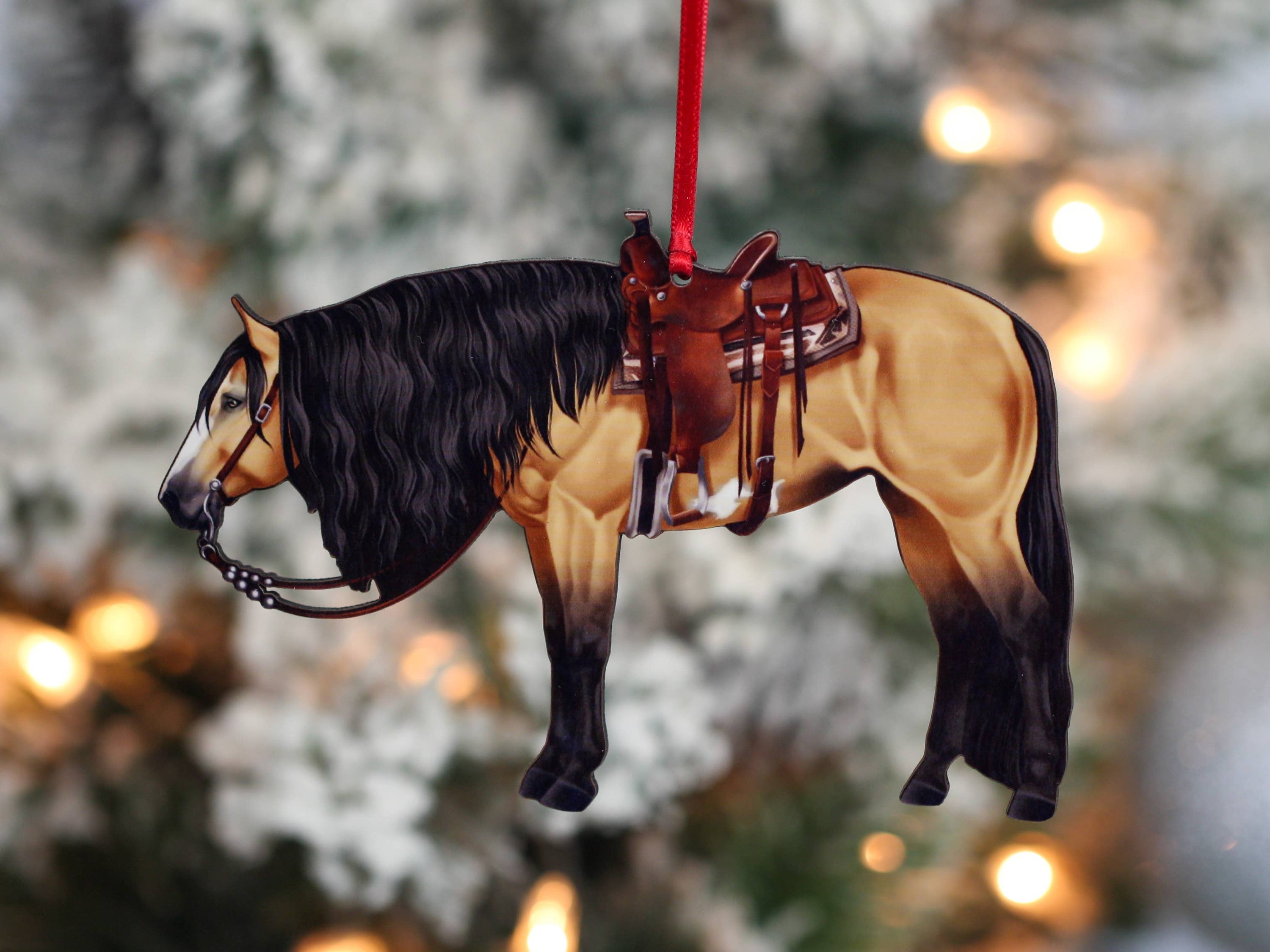 Buckskin Western Horse Ornament showcasing a side profile of a ranch Paint horse, made from composite wood with a glossy finish.
