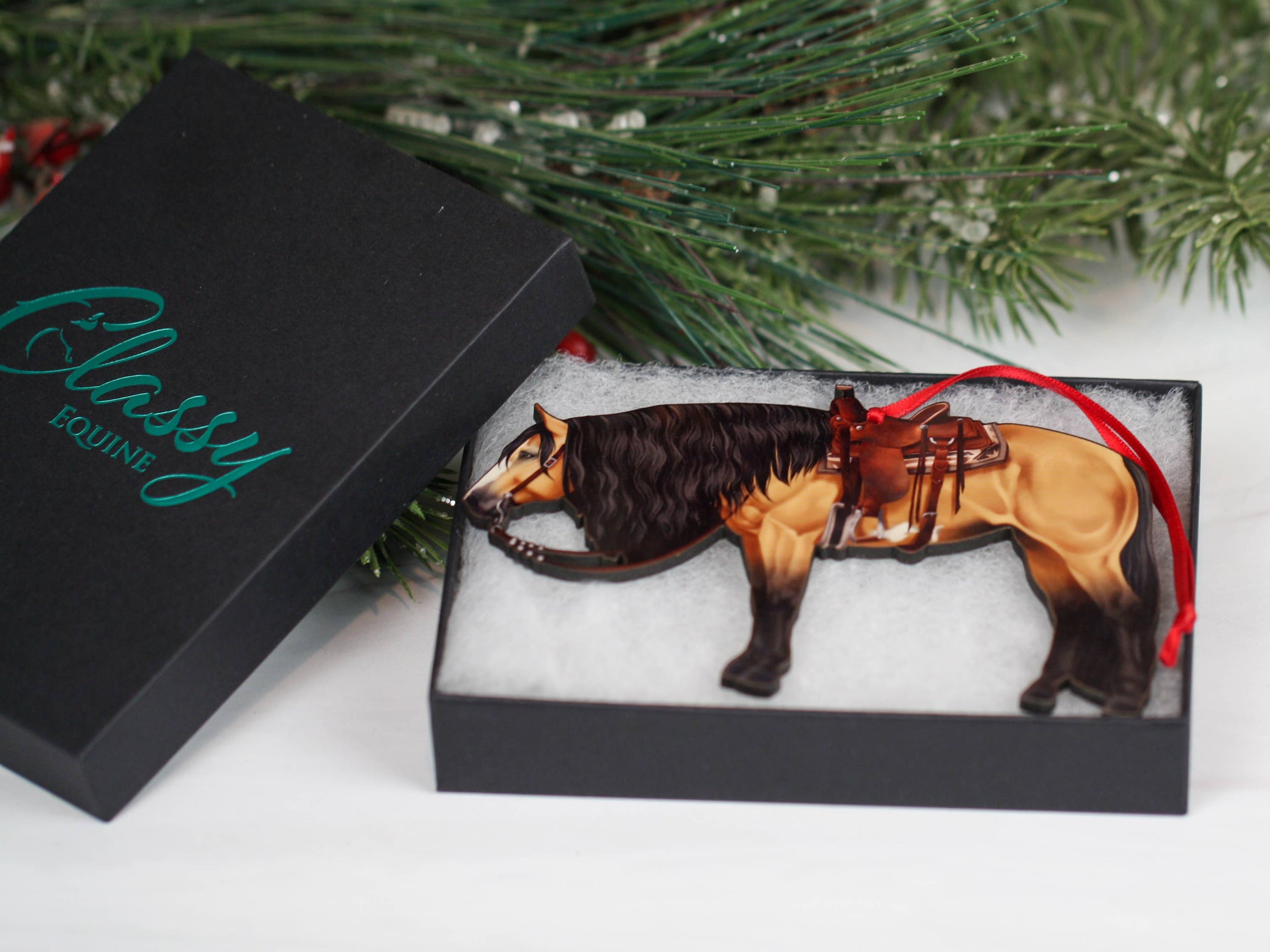 Buckskin Western Horse Ornament showcasing a side profile of a ranch Paint horse, made from composite wood with a glossy finish.
