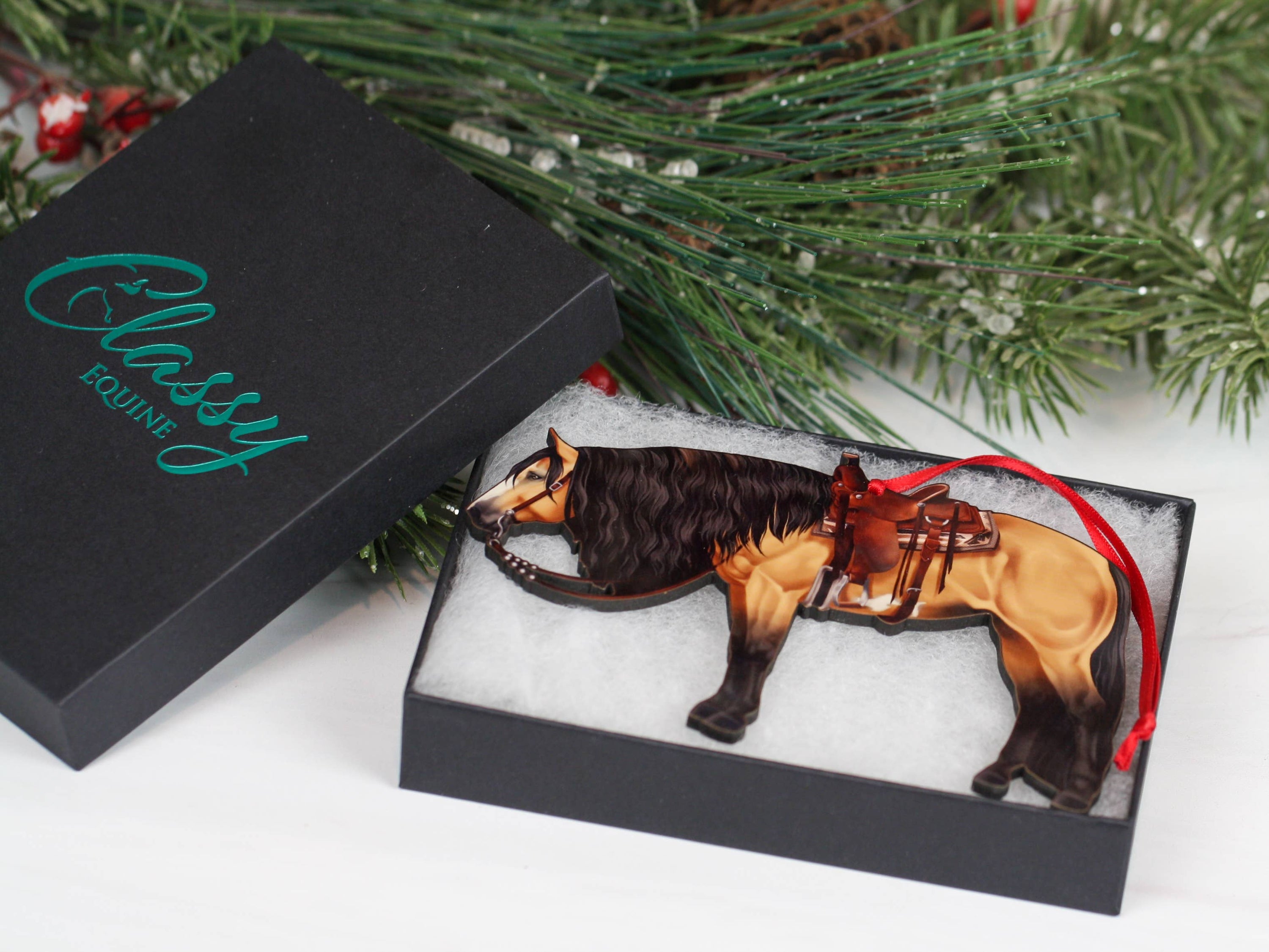 Buckskin Western Horse Ornament showcasing a side profile of a ranch Paint horse, made from composite wood with a glossy finish.