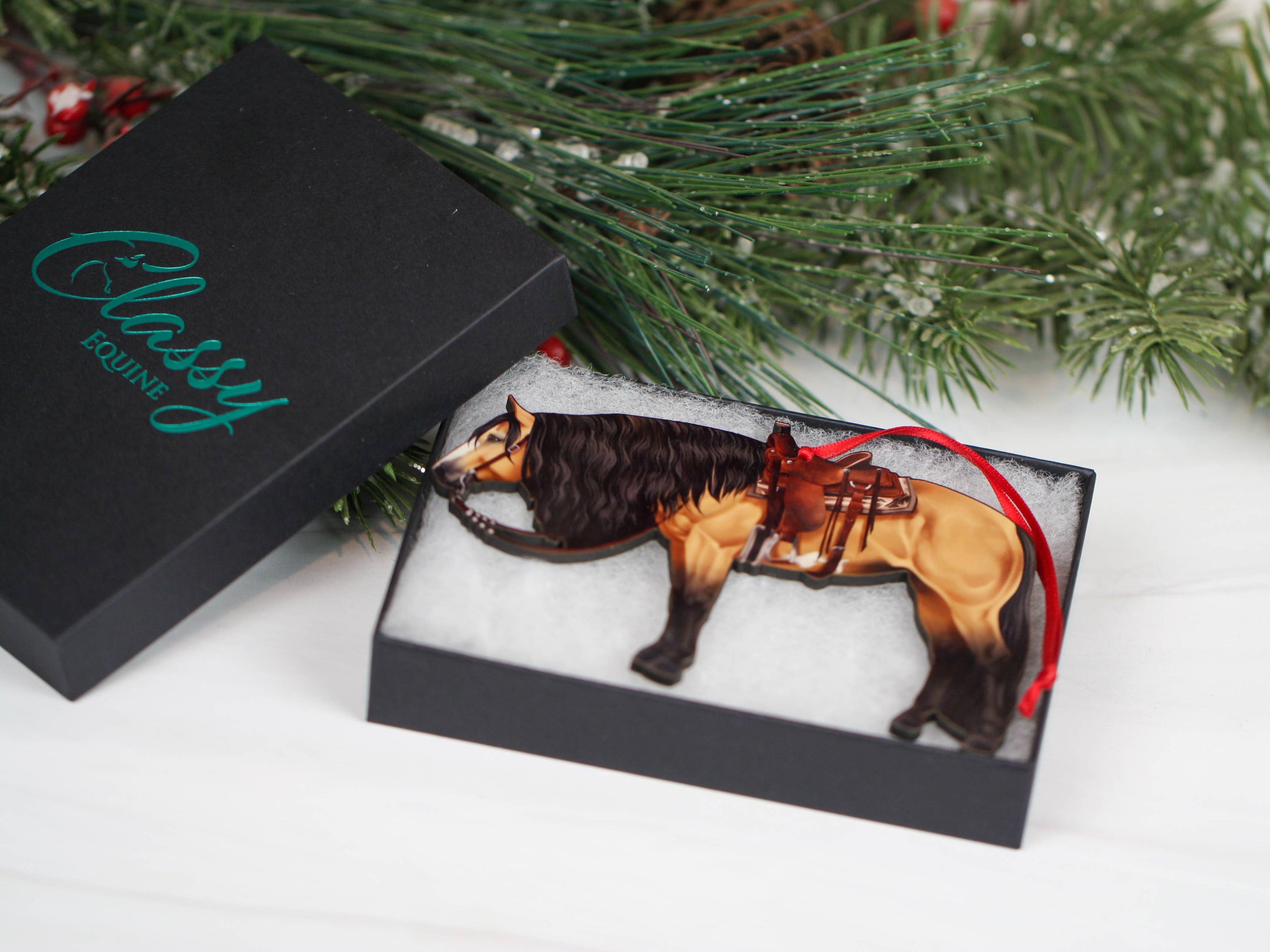 Buckskin Western Horse Ornament showcasing a side profile of a ranch Paint horse, made from composite wood with a glossy finish.