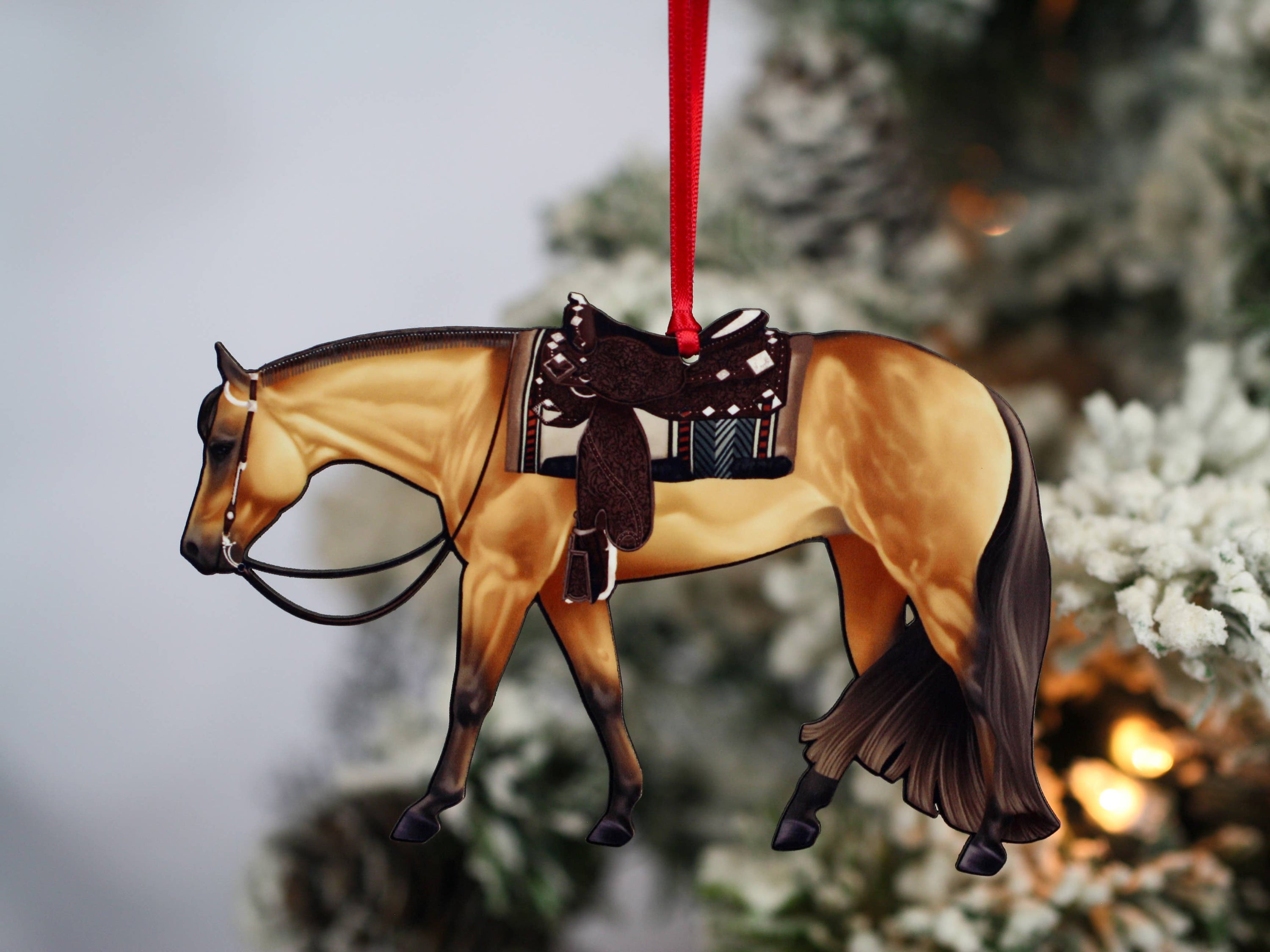 Buckskin Western Pleasure Horse Ornament, handmade from composite wood, featuring a glossy front and dark brown back, perfect for equestrian decor.