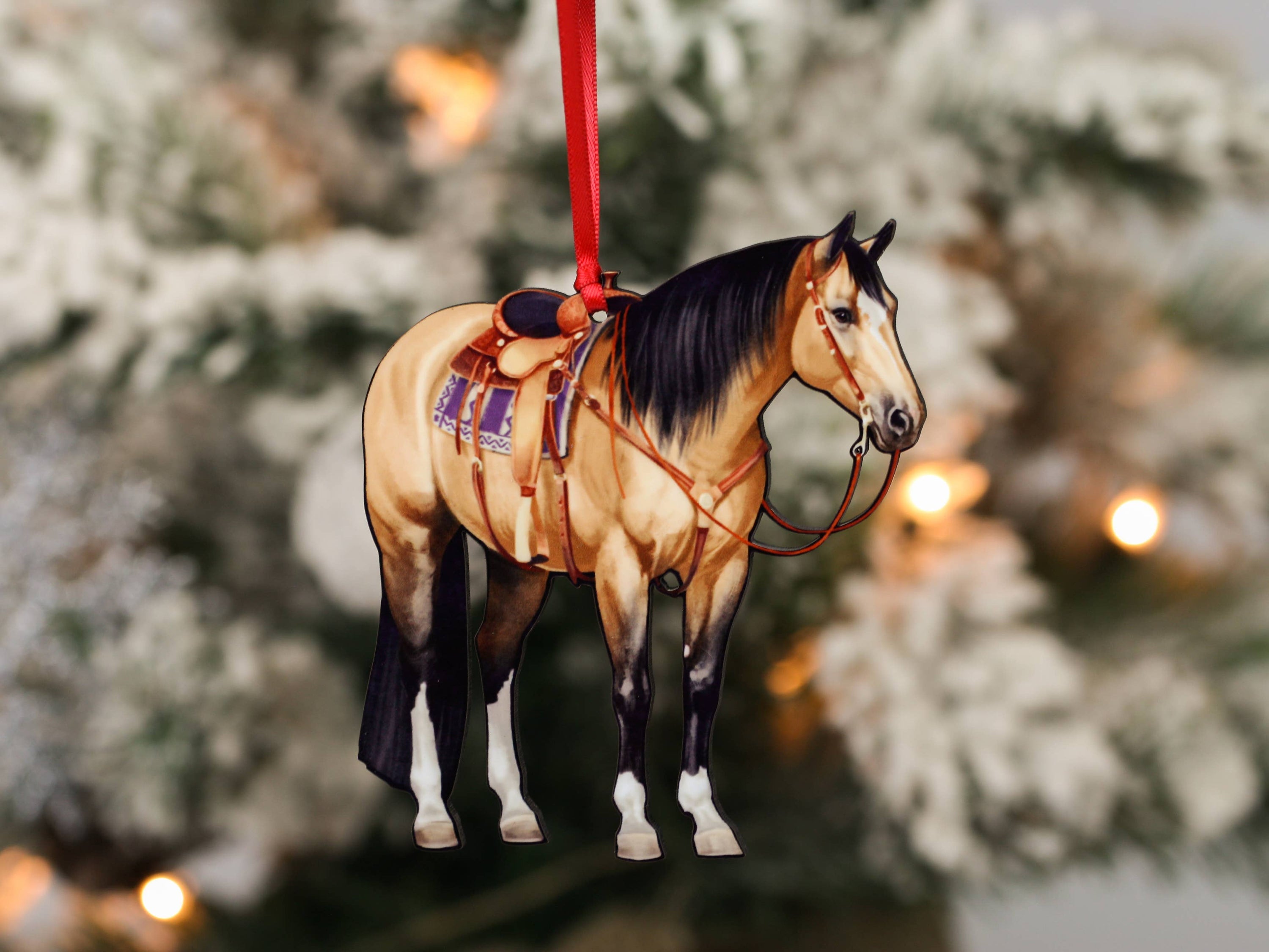 Buckskin Western Ranch Horse Ornament made of composite wood, featuring a laser-cut design, glossy front, and dark brown back.