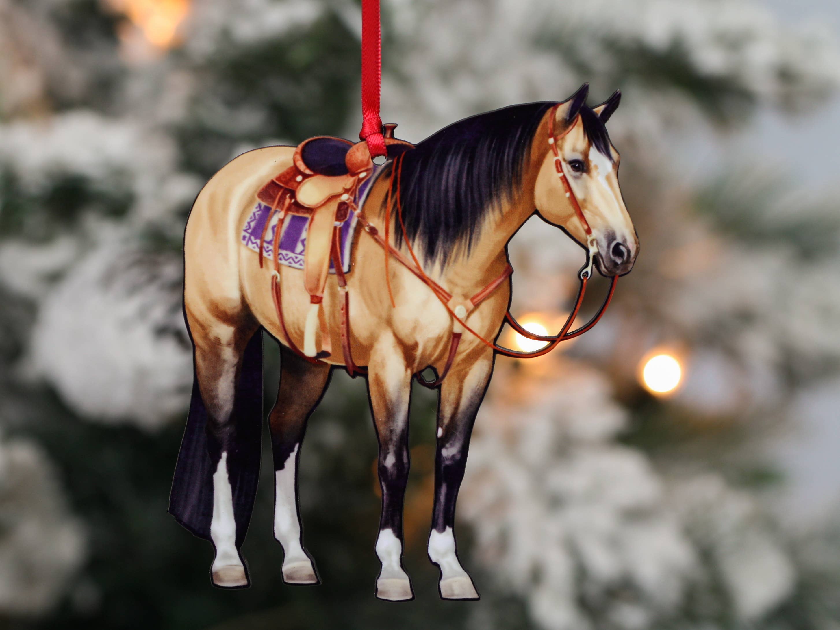 Buckskin Western Ranch Horse Ornament made of composite wood, featuring a laser-cut design, glossy front, and dark brown back.