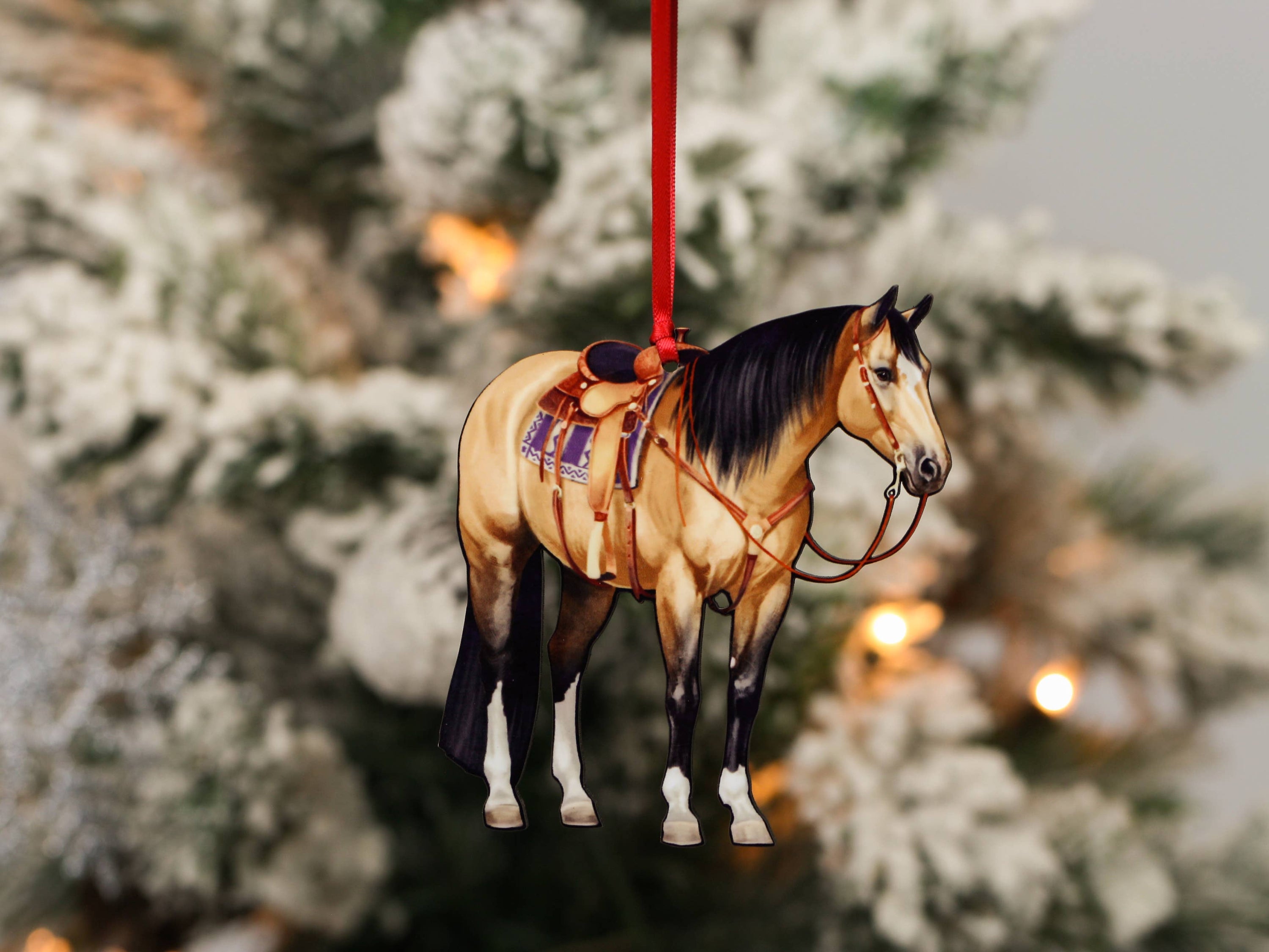 Buckskin Western Ranch Horse Ornament made of composite wood, featuring a laser-cut design, glossy front, and dark brown back.