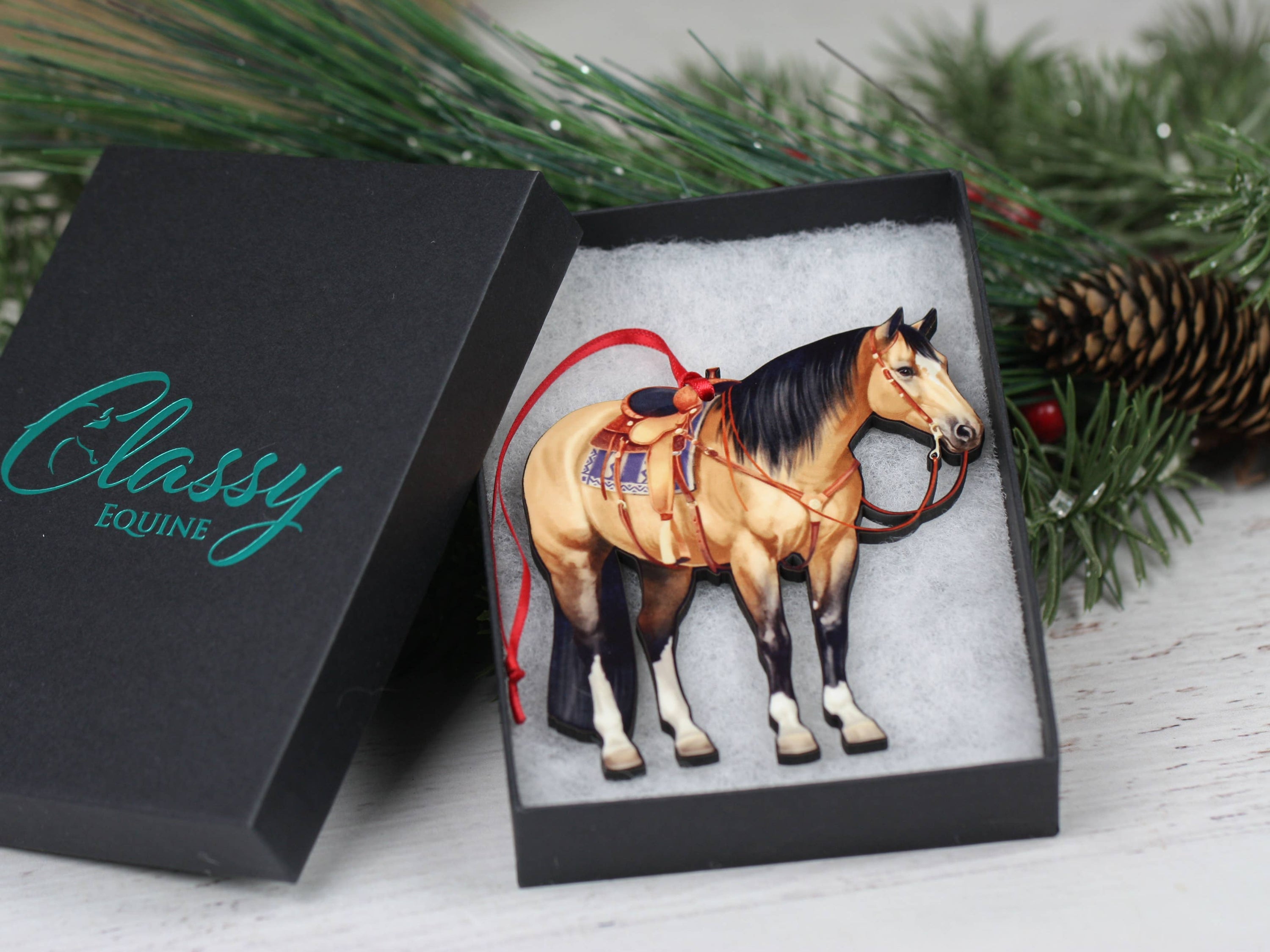 Buckskin Western Ranch Horse Ornament made of composite wood, featuring a laser-cut design, glossy front, and dark brown back.