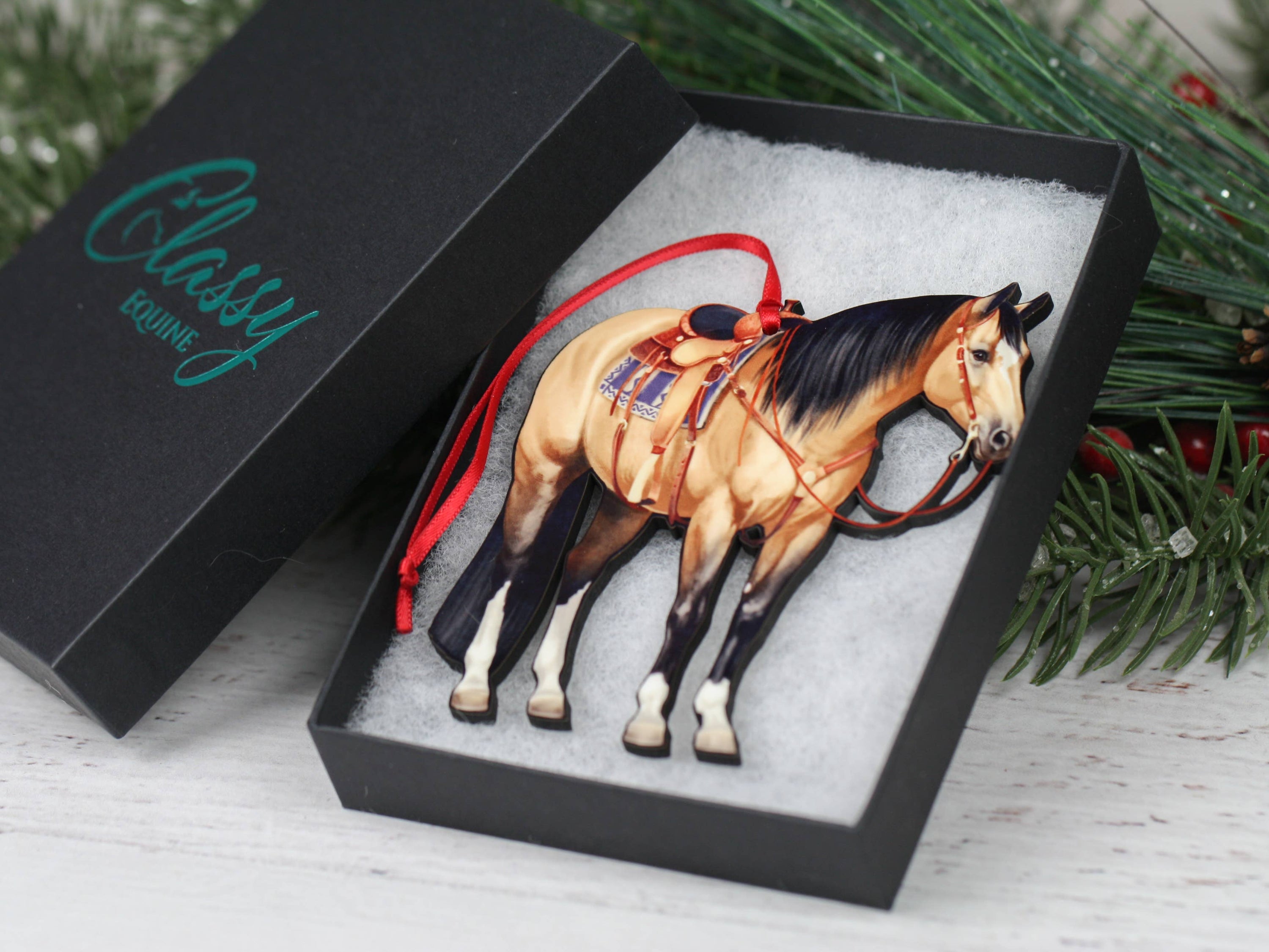 Buckskin Western Ranch Horse Ornament made of composite wood, featuring a laser-cut design, glossy front, and dark brown back.