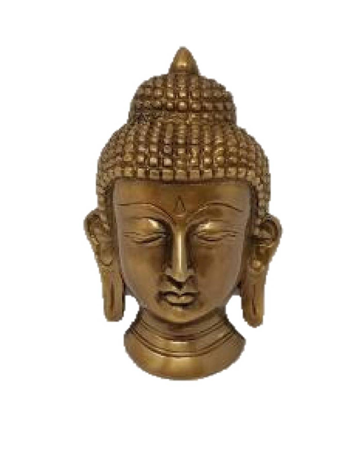 A beautifully handcrafted antique brass Buddha mask with extended earlobes and a serene smile, symbolizing wisdom and inner peace.