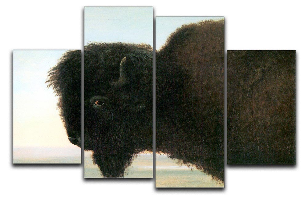Buffalo Head by Bierstadt 4 Split Panel Canvas showcasing a majestic buffalo in a stunning landscape, divided into four equal panels.