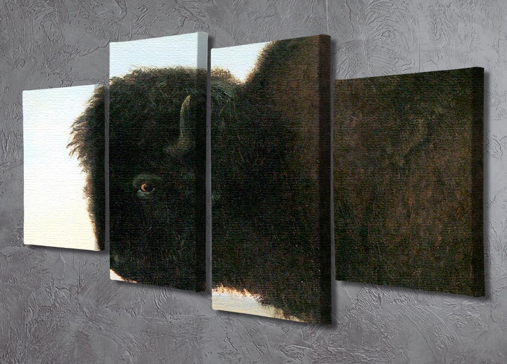 Buffalo Head by Bierstadt 4 Split Panel Canvas showcasing a majestic buffalo in a stunning landscape, divided into four equal panels.