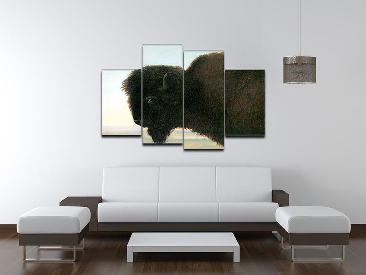 Buffalo Head by Bierstadt 4 Split Panel Canvas showcasing a majestic buffalo in a stunning landscape, divided into four equal panels.