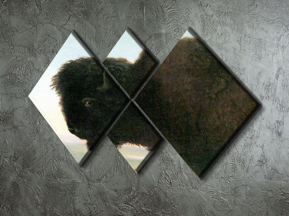 Buffalo Head by Bierstadt 4 Square Multi Panel Canvas artwork featuring a majestic buffalo in four equal sections, showcasing vibrant colors and intricate details.