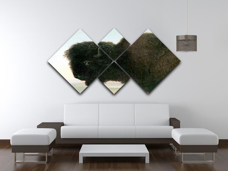 Buffalo Head by Bierstadt 4 Square Multi Panel Canvas artwork featuring a majestic buffalo in four equal sections, showcasing vibrant colors and intricate details.