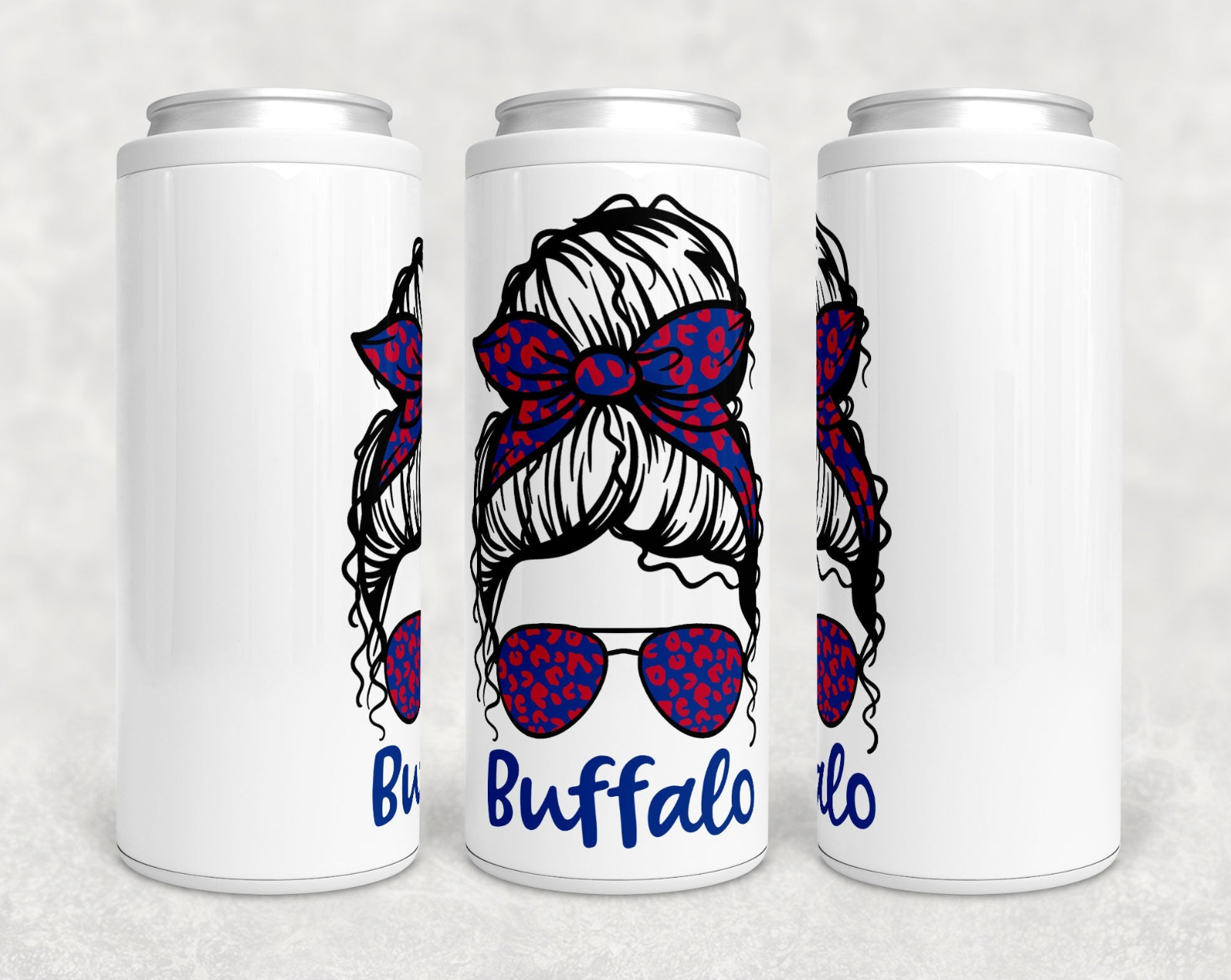 Buffalo Messy Bun Skinny Can Cooler in Leopard print, showcasing its stainless steel body and stylish design.