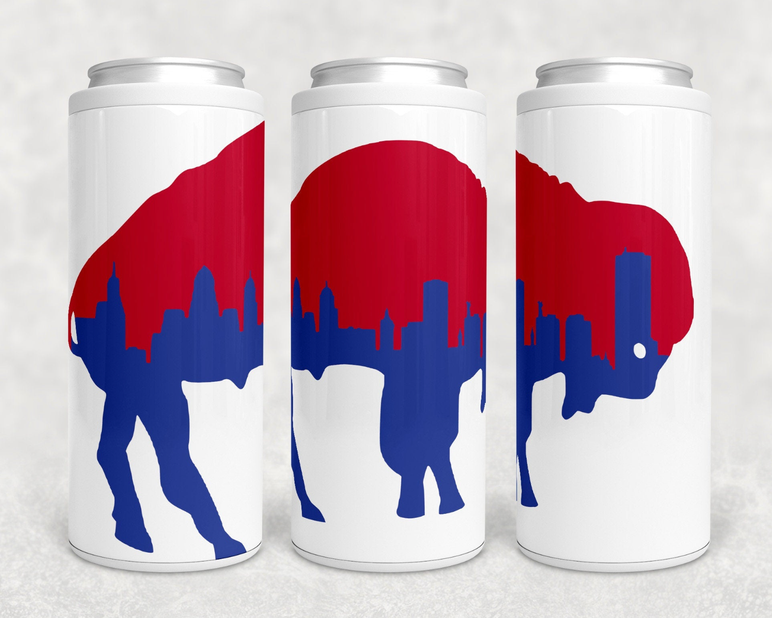 Buffalo Skyline Skinny Can Cooler featuring Bills graphics, made of stainless steel with a sleek design.