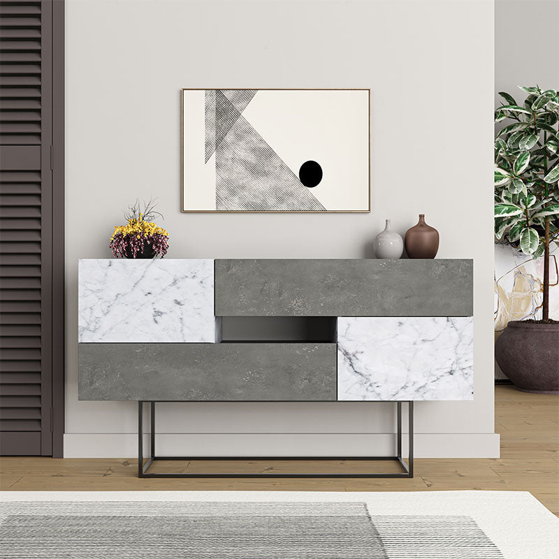 Buffet MIRACLE in retro grey with white marble effect, featuring two cabinets and two drawers, perfect for stylish storage solutions.