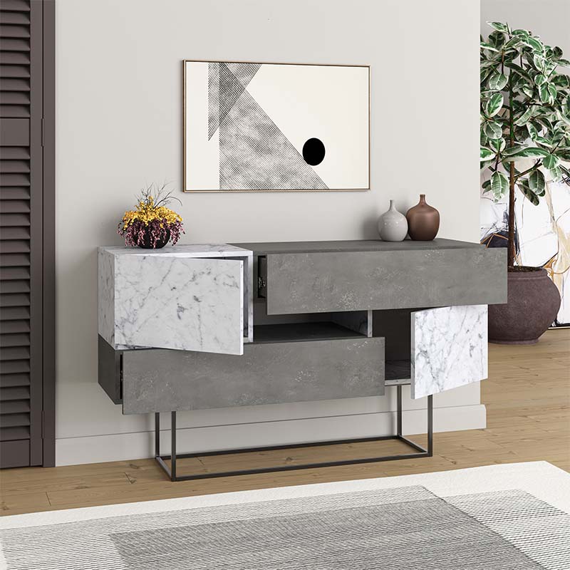 Buffet MIRACLE in retro grey with white marble effect, featuring two cabinets and two drawers, perfect for stylish storage solutions.