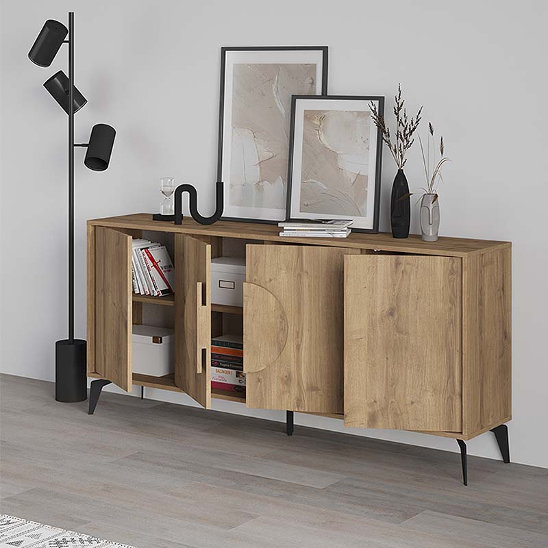 Buffet PARIS in light brown, featuring two double-leaf cabinets and five sturdy metal legs, ideal for stylish storage.